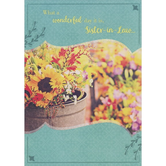 Designer Greetings Yellow Sunflower Pot Photo, Waving Banner on Blue Background Mother's Day Card for Sister-in-Law