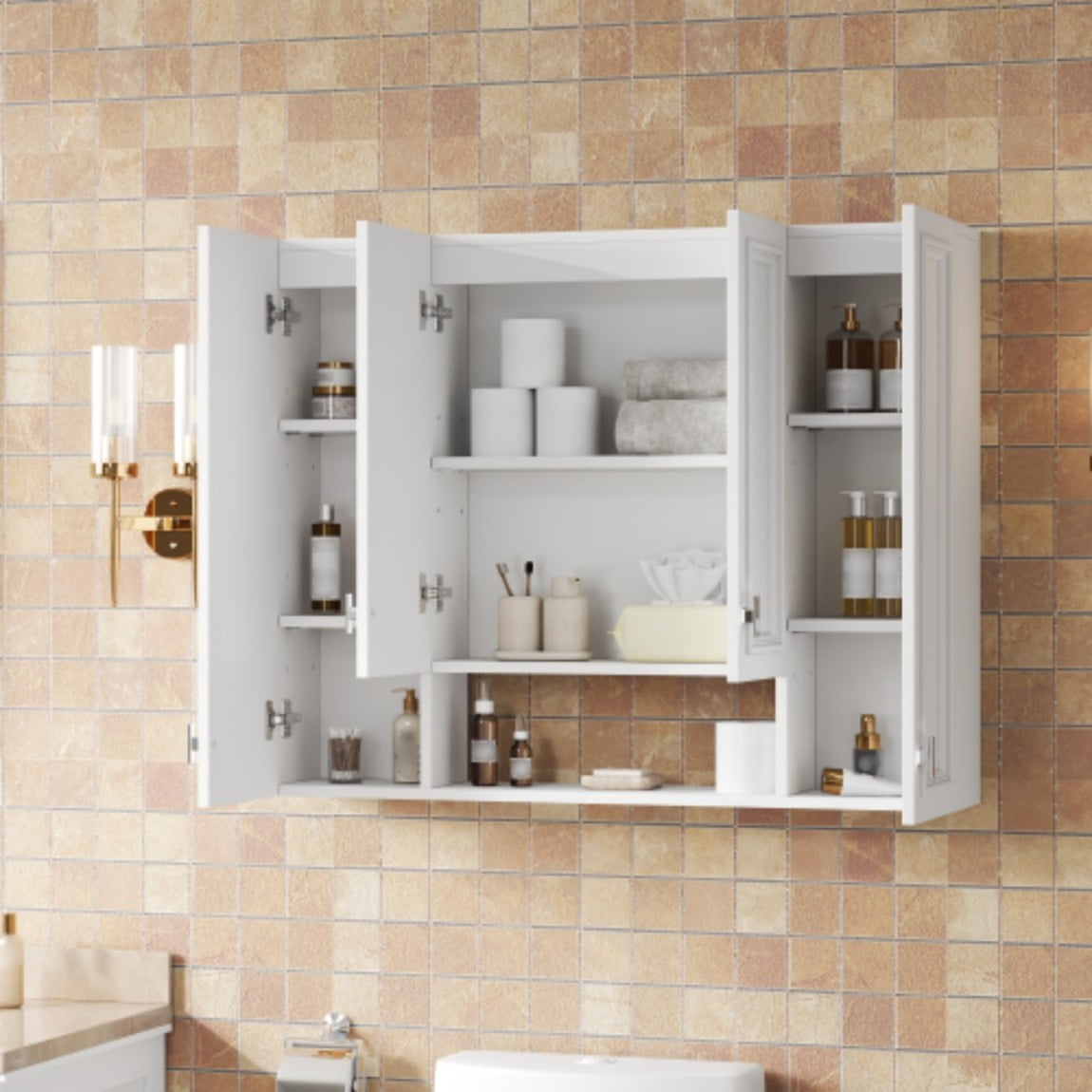 36" Wall Mounted Medicine Cabinet with 5 Adjustable Shelves, Bathroom Storage Cabinet with Open Shelving, Soft Close Hinges, Modern Bathroom Organizer, White