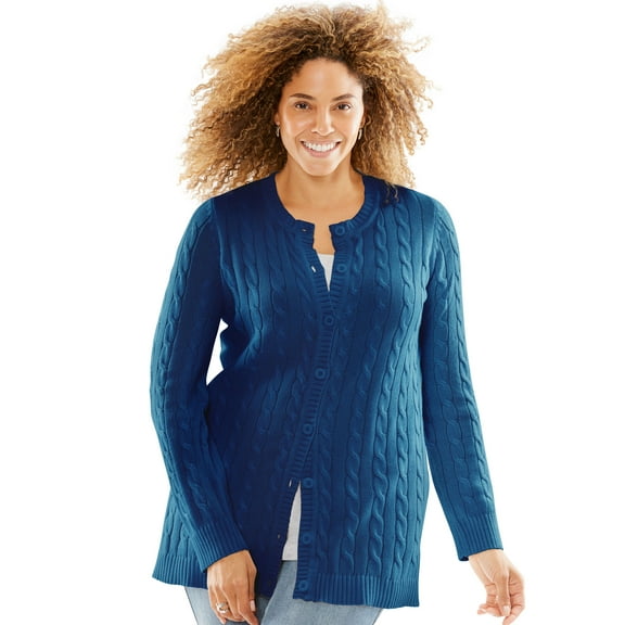 Woman Within Plus Size Cotton Cable Knit Cardigan Sweater