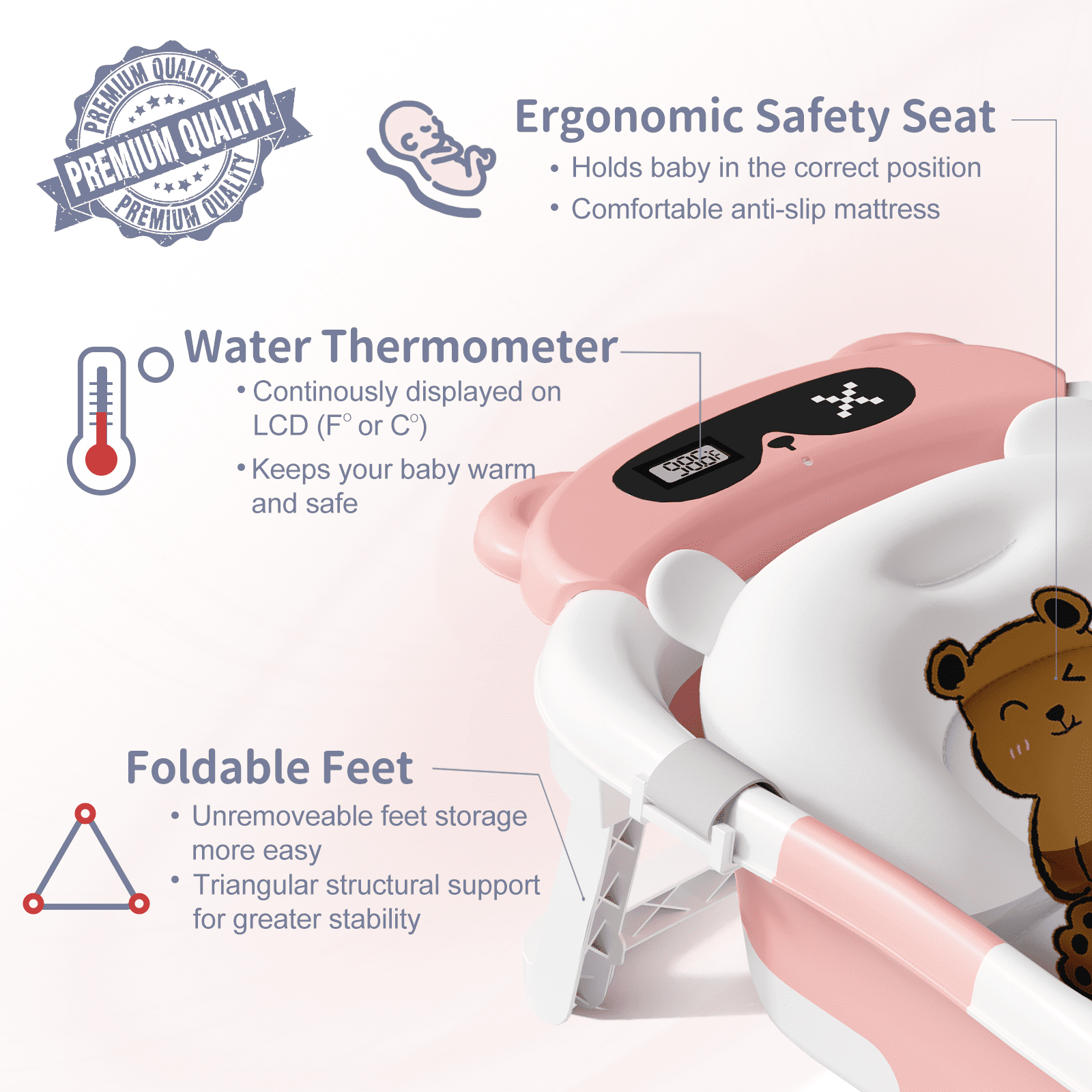 COOSEYA Bear Collapsible Baby Bathtub for Infants, Bath Tub with Cushion and Thermometer, for Newborn to Toddler Portable Travel Multifunctional Bathing 0-2 years (Pink)
