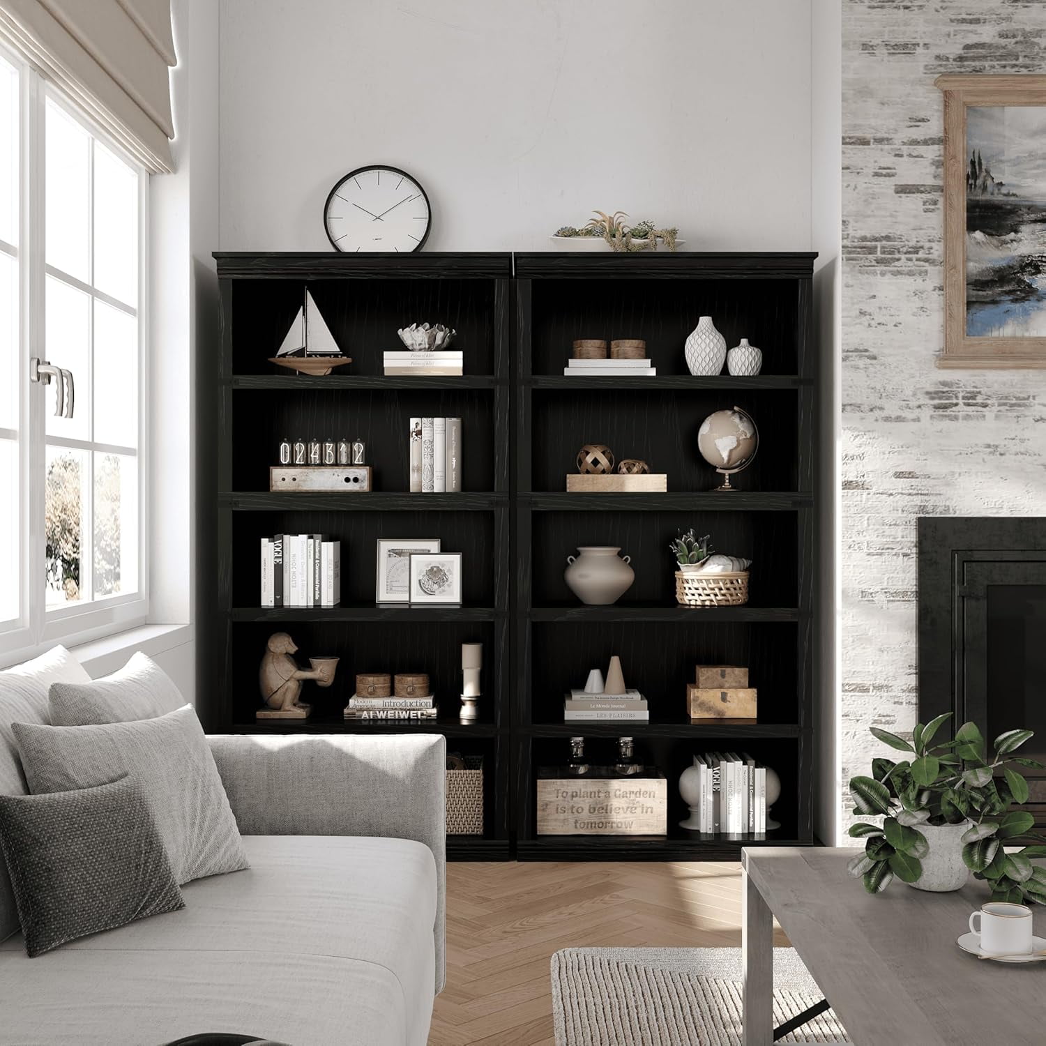 5 Tier Farmhouse Bookcase, 67.4" Tall Book Shelf with Storage, Wooden Bookshelves 5 Shelf Display Shelves for Home Office(67.4" H x 31.5" W x 12.8" D) (Black, 67.4" H x 31.5" W x 12.8" D)