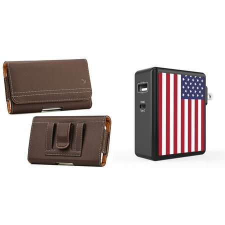 

Pouch and Wall Charger Bundle for Nokia G400 5G: PU Leather Magnetic Belt Holster Case (Brown) and 45W Dual USB Port PD Power Delivery Type-C and USB-A Power Adapter (American USA Flag)