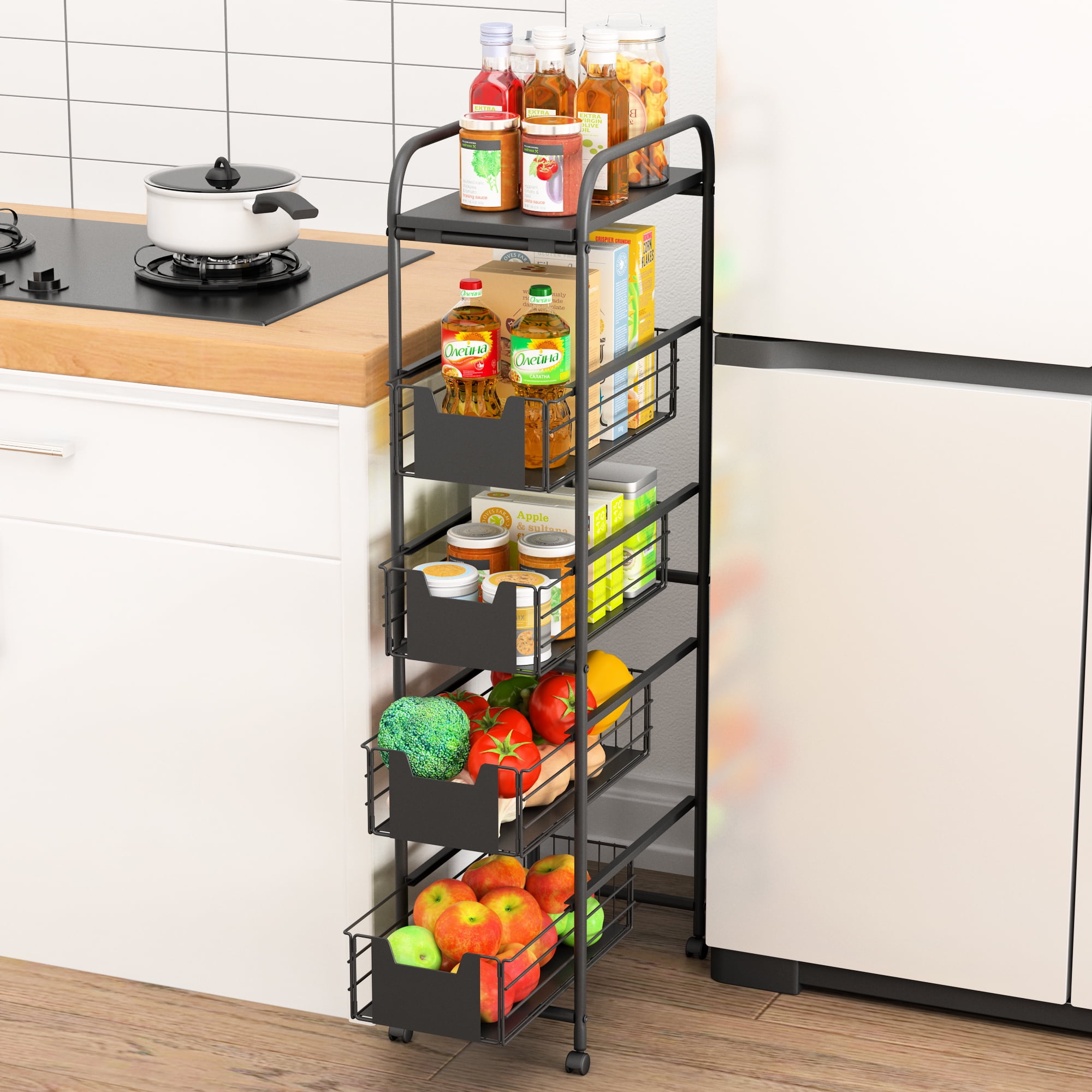 BENOSS 5 Tier Narrow Rolling Cart with Drawers Pull-Out Design Corner Storage Shelf Organizer with Wheels Metal Storage Shelving Unit for Narrow Space