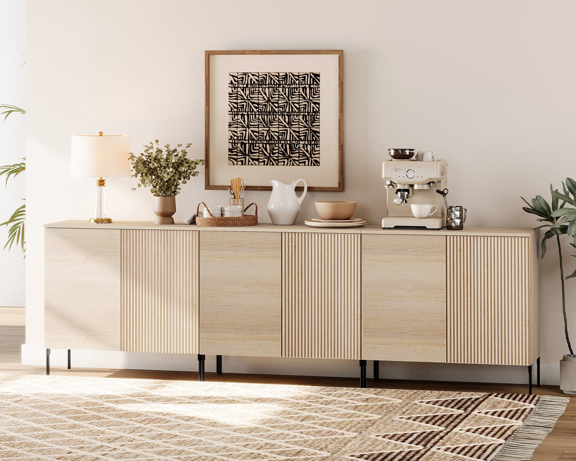 94.5" Wooden Fluted Sideboard with 6 Doors and Adjustable Shelves, 3-In-1 Modern Credenza Storage Cabinet for Kitchen, Dining Room