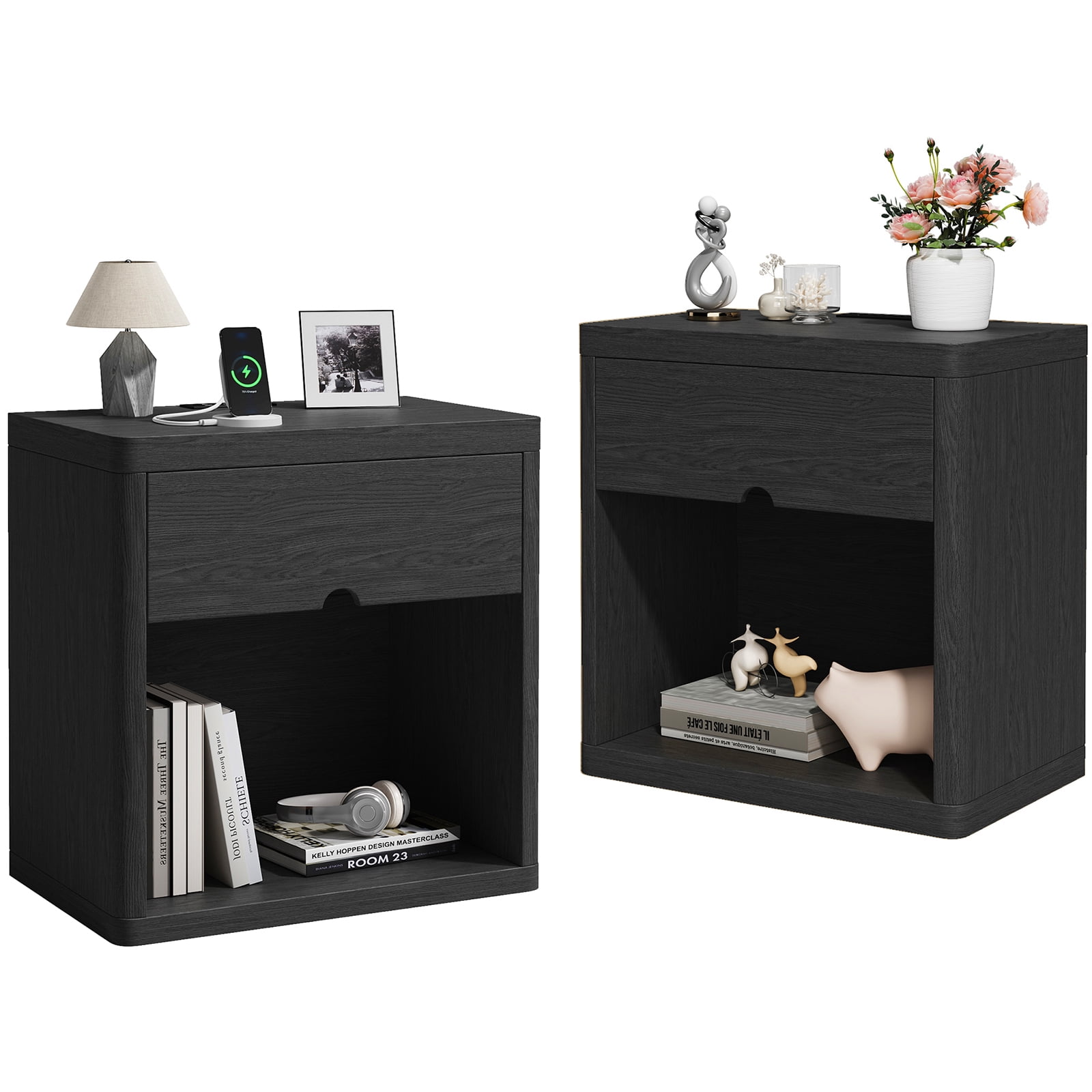 IDEALSOUL Nightstand Set of 2, Nightstand with Charging Station, 24inch Bedside Table with Curved Top Corners, Crescent Shaped Buckle, Wooden End Table for Bedroom Living Room (2pcs, Black)