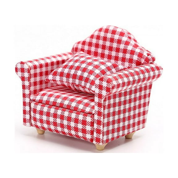 2pcs Doll House Mini Wood Couch Plaid Doll House Single Sofa Doll House Wooden Sofa