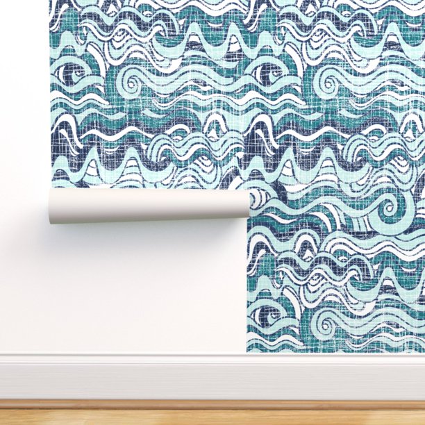 Peel & Stick Wallpaper 9ft x 2ft Distressed Aqua Waves Water Mint Navy Sea Ocean Nautical