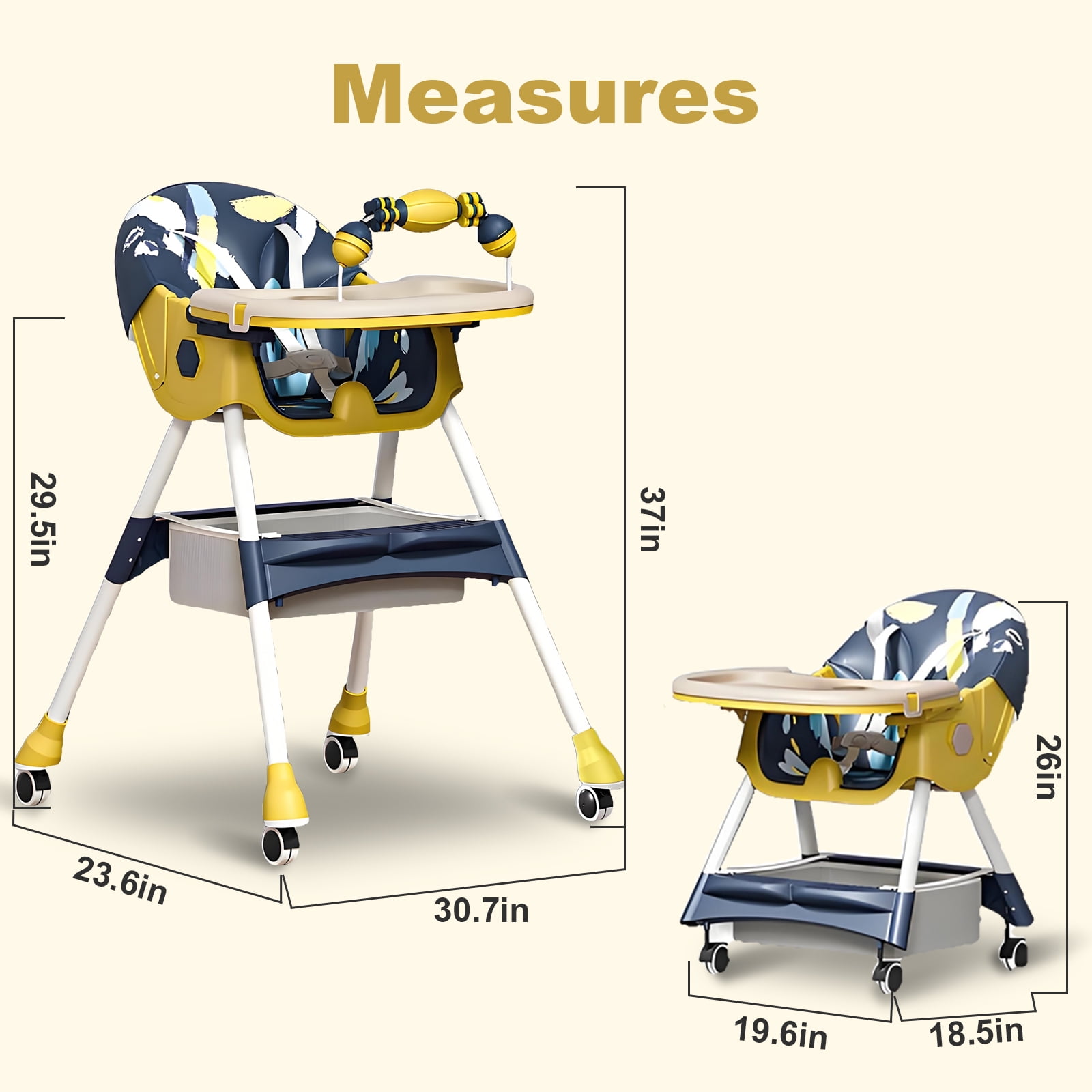 BEJOLO Baby High Chair, 4-in-1 Foldable Highchair Dining Feeding Chair with Double Dining Plate & Toy Rack, Infant to Toddler, Blue and Yellow