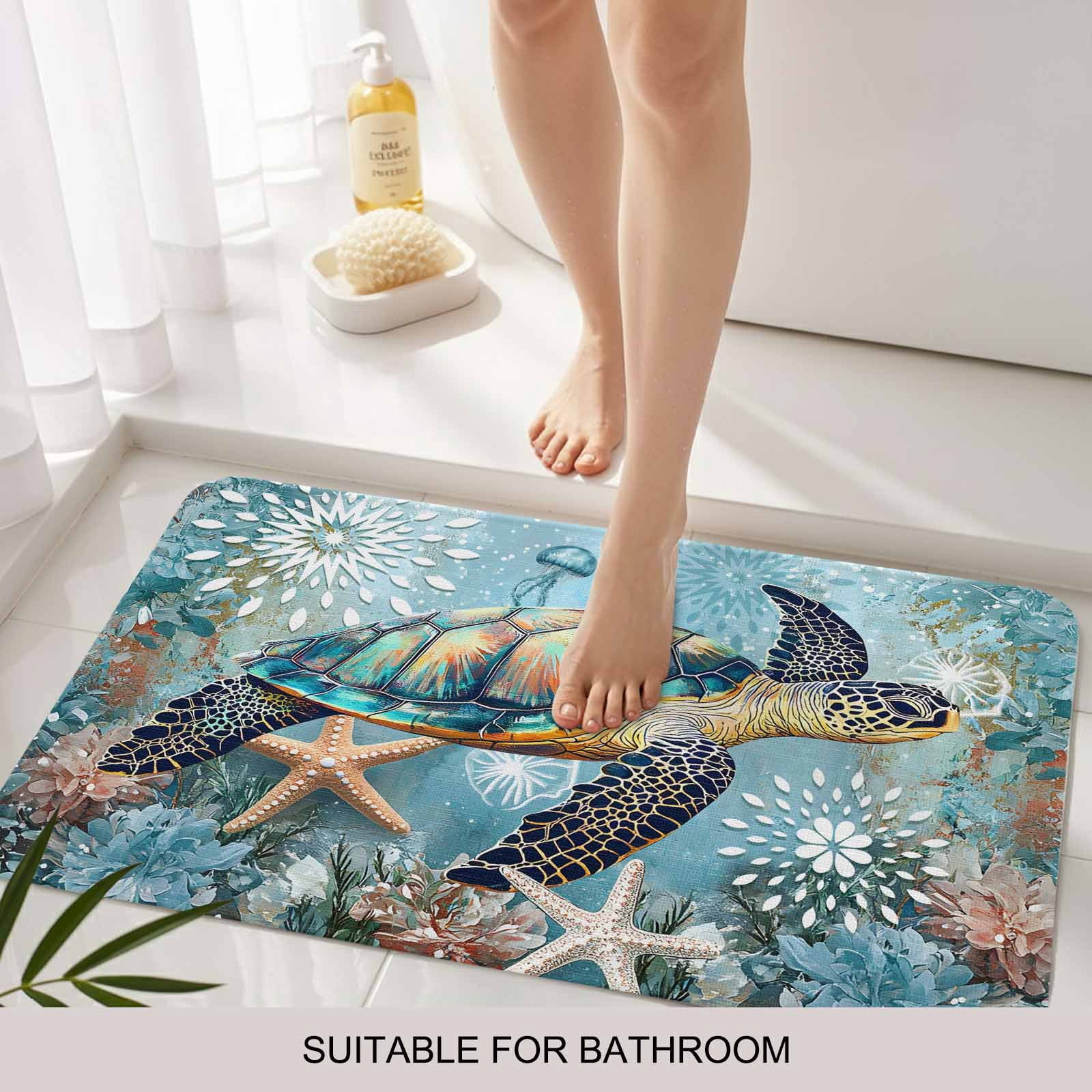 Coastal Sea Turtle Doormat Outdoor Entrance 16"x24", Vintage Teal Nautical Beach Botanical Absorb Moisture Dirt Door Mats, Non-Slip Rubber Backing Floor Mats Indoor, Low-Profile Front Door Rugs