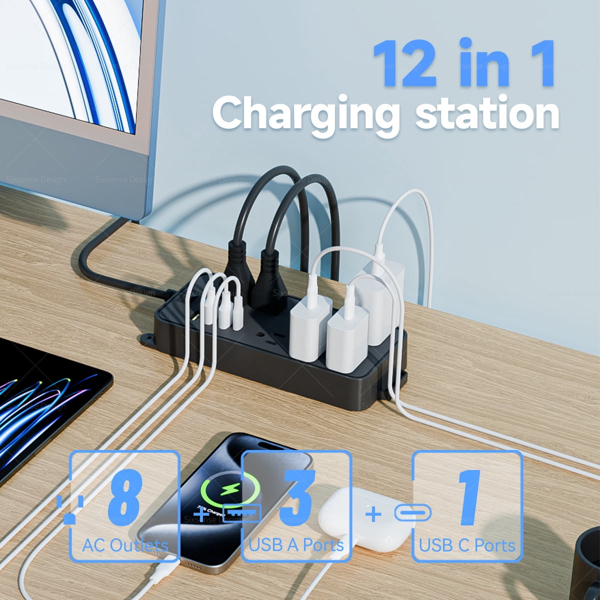BEISHINK Extension Cord Power Board with Multiple Sockets, 4 - Foot Wire, Surge Protector, 4 USB Ports, Black