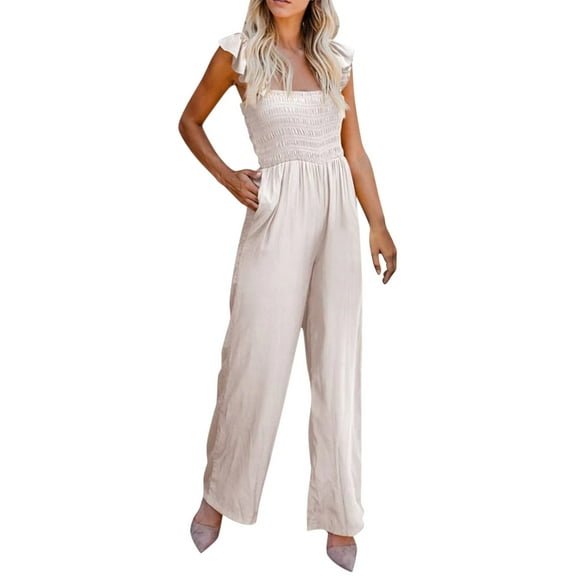 GDREDA Women Casual Jumpsuit Spring Summer Ruffled Straps High Waist Jumpsuit Solid Color Jumpsuit Wide Leg Trousers Jumpsuit Lace Jumpsuits for Women Evening