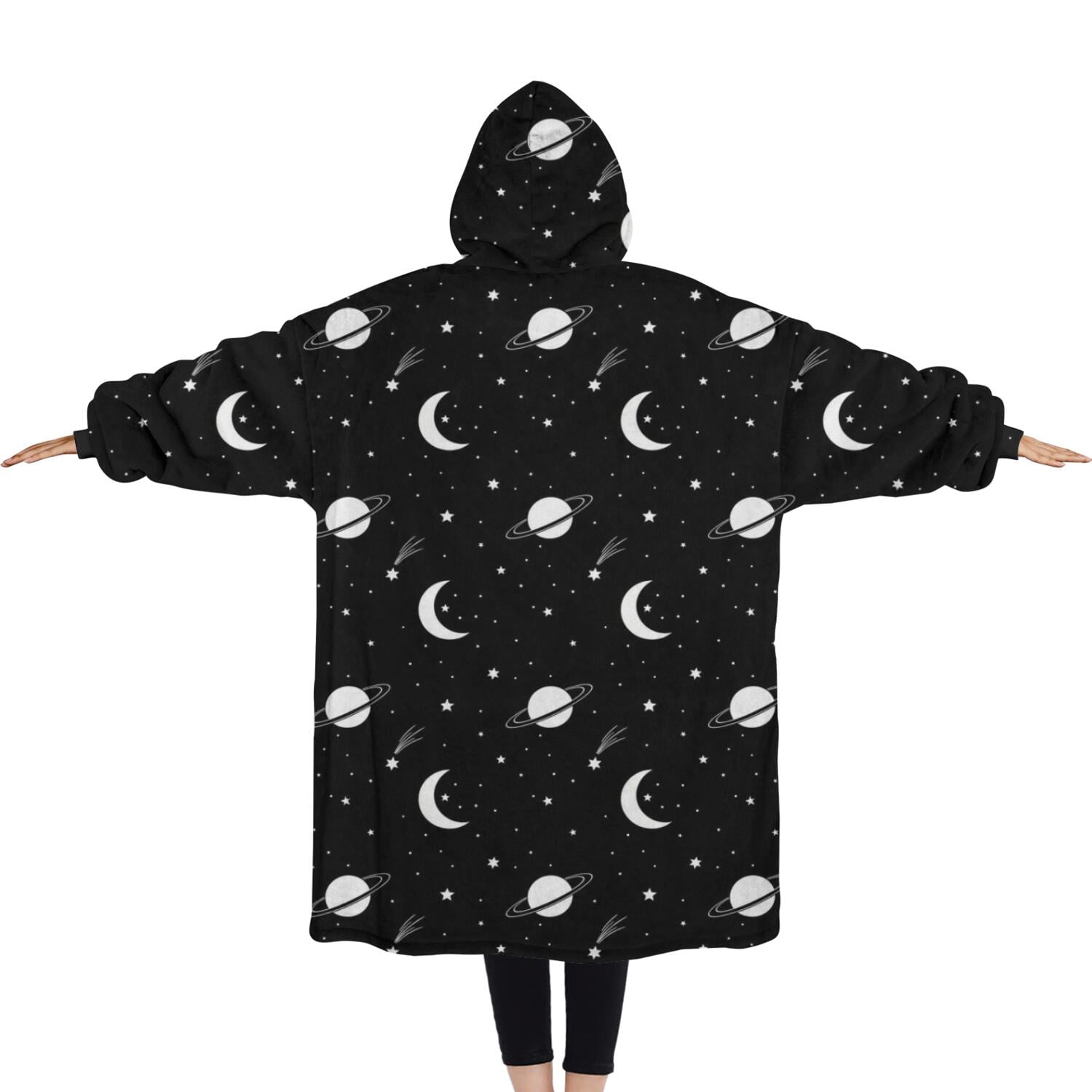 Oversized Wearable Blanket Hoodie,Black Space Moon Planet Pattern Sherpa Blanket Hoodie with Super Pockets,Super Warm Fuzzy Pullover for Women & Men