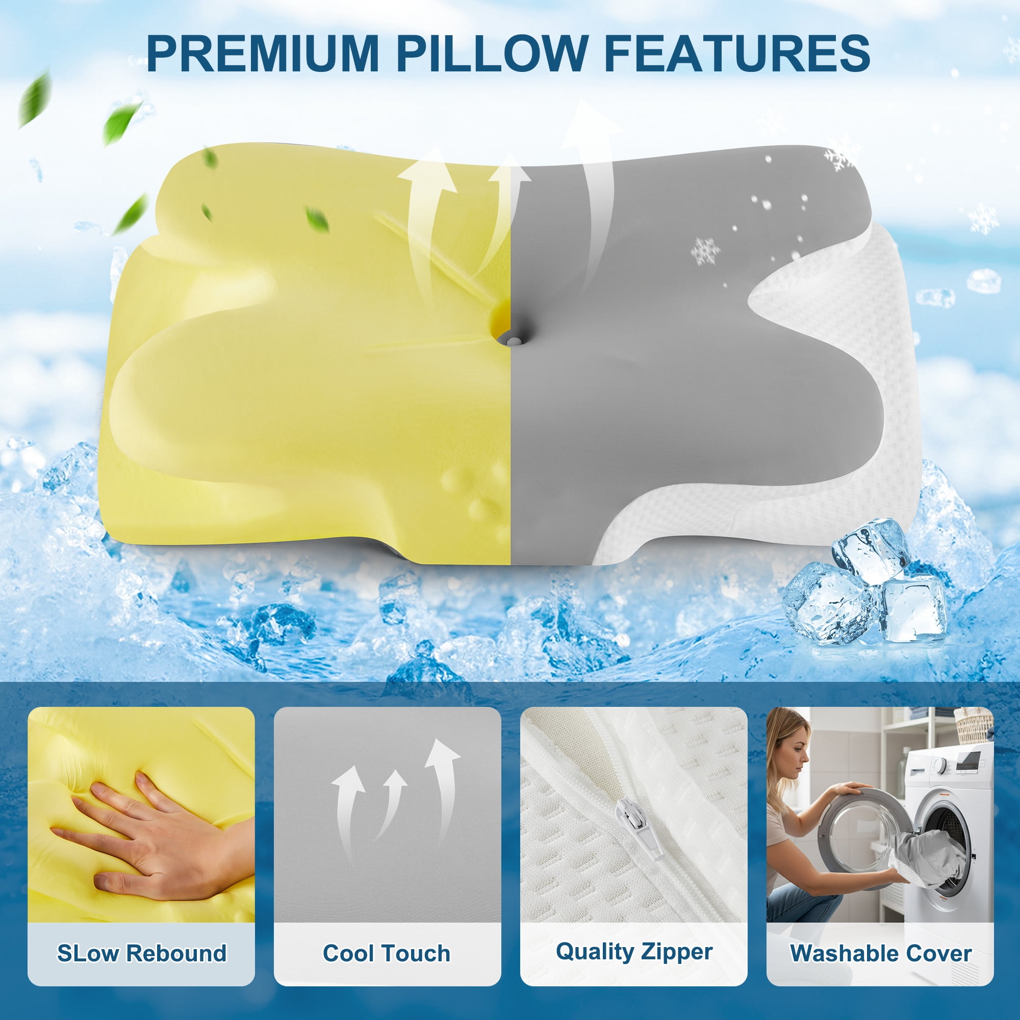 KAIPARA Ergonomic Cervical Neck Pillow for Sleeping, Contour Memory Foam Bed Pillow with Cooling Cover, Orthopedic Neck Support Pillow for Side, Back & Stomach Sleepers, Grey White