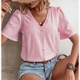 thumbnail image 3 of Camiseta hueca de manga corta con cuello en V para mujer, camiseta informal holgada con botones frontales de verano, Top Coral Pink M, 3 of 5