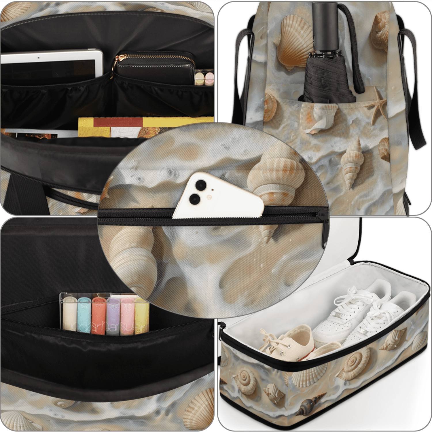Herdesigns Beach Shells Starfish Sand Foldable Travel Duffel Bag with Shoe Compartment, Weekend Overnight Carry On Bags for Men Women, Large Sports Gym Luggage