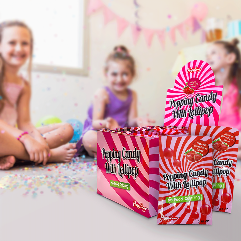 Happiness USA Strawberry Popping Candy with Fun Dip Lollipop | 50