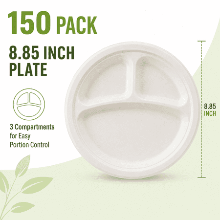 150 Pack Compostable 3 Compartment Plates, 8.85 Inch Heavy-Duty Disposable Paper Plates, Biodegradable Sugarcane Bagasse Divided Plates for Dinner, Lunch, Picnics and Parties