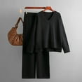 thumbnail image 2 of biudgviw Women's 2 Piece Outfits Casual V Neck Long Sleeve Pullover Tops Knit Wide Leg Sweater Lounge Set Sweatsuit, 2 of 7