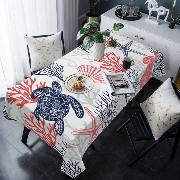 Blue Red Coastal Tablecloth Rectangle Table Cloths 54x108 , Waterproof Tablecloth Outdoor Table Cloth, Sea Turtle Nautical Coral Summer Beach Washable Table Cover for Kitchen Dining Party