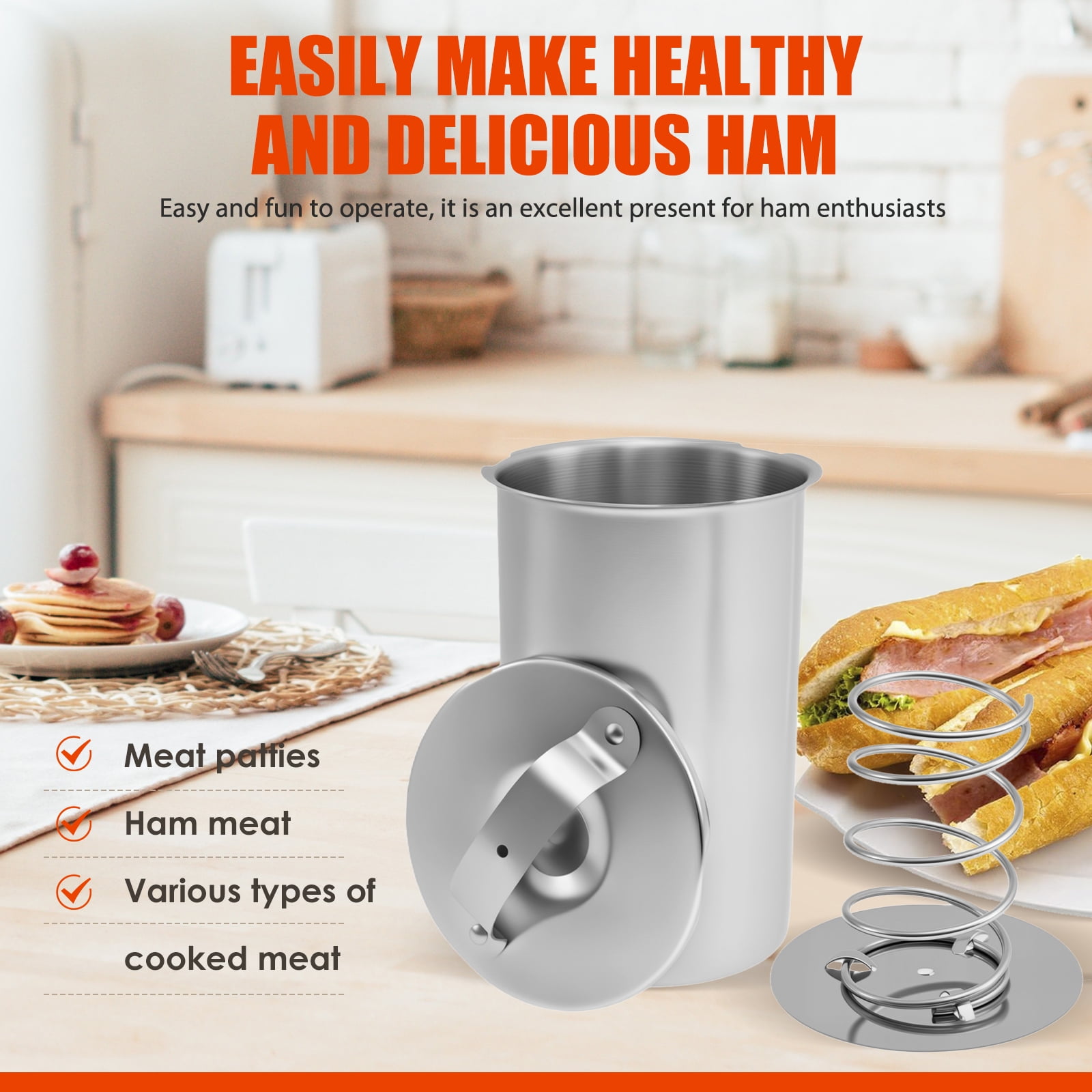 Ham Maker with ℉/℃ Cooking Thermometer and Silicone Kitchen Mittens Stainless Steel Meat Press Mold Reusable Deli Meat Press for Homemade Deli Meats Silver