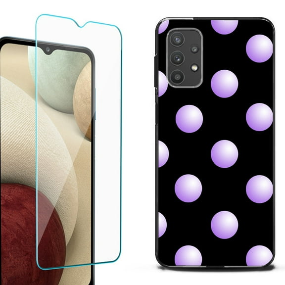 Slim-Fit Flexible TPU Gel Phone Case (black) for Samsung Galaxy A32 5G, with Tempered Glass Screen Protector, by OneToughShield ® - Polka Dot / Purple