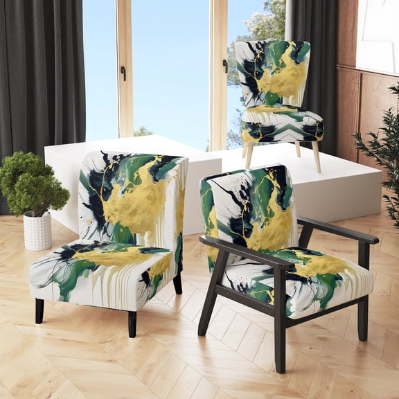 Designart "Energetic Green and Yellow Splash" Green Fractals Upholstered Accent Chair - Modern Arm Chair For Bedroom