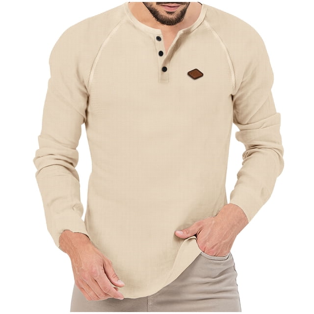 CHGBMOK Men's T Shirts Leisure Solid Color Button Shoulder Insertion Hoodless Long Sleeves,Sizes S-3XL