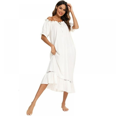 

Women s Victorian Nightgown Cute Ruffled Sleepwear Full Length Loungewear Short Sleeve Nightdress Lace Vintage Sleepdress Loose Pajama Nightshirt