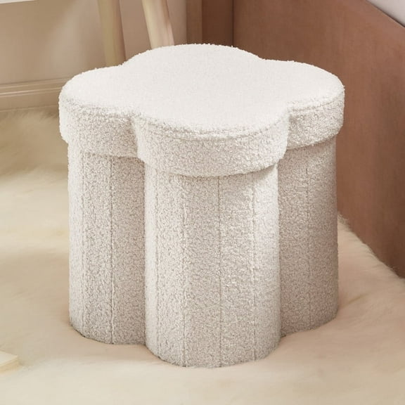 Ornavo Home White Boucle Storage Ottoman Cube  Flower-Shaped Footstool with Hidden Storage, Faux Teddy Fur Foot Rest for Living Room, Bedroom & Dorm, 12" Inch