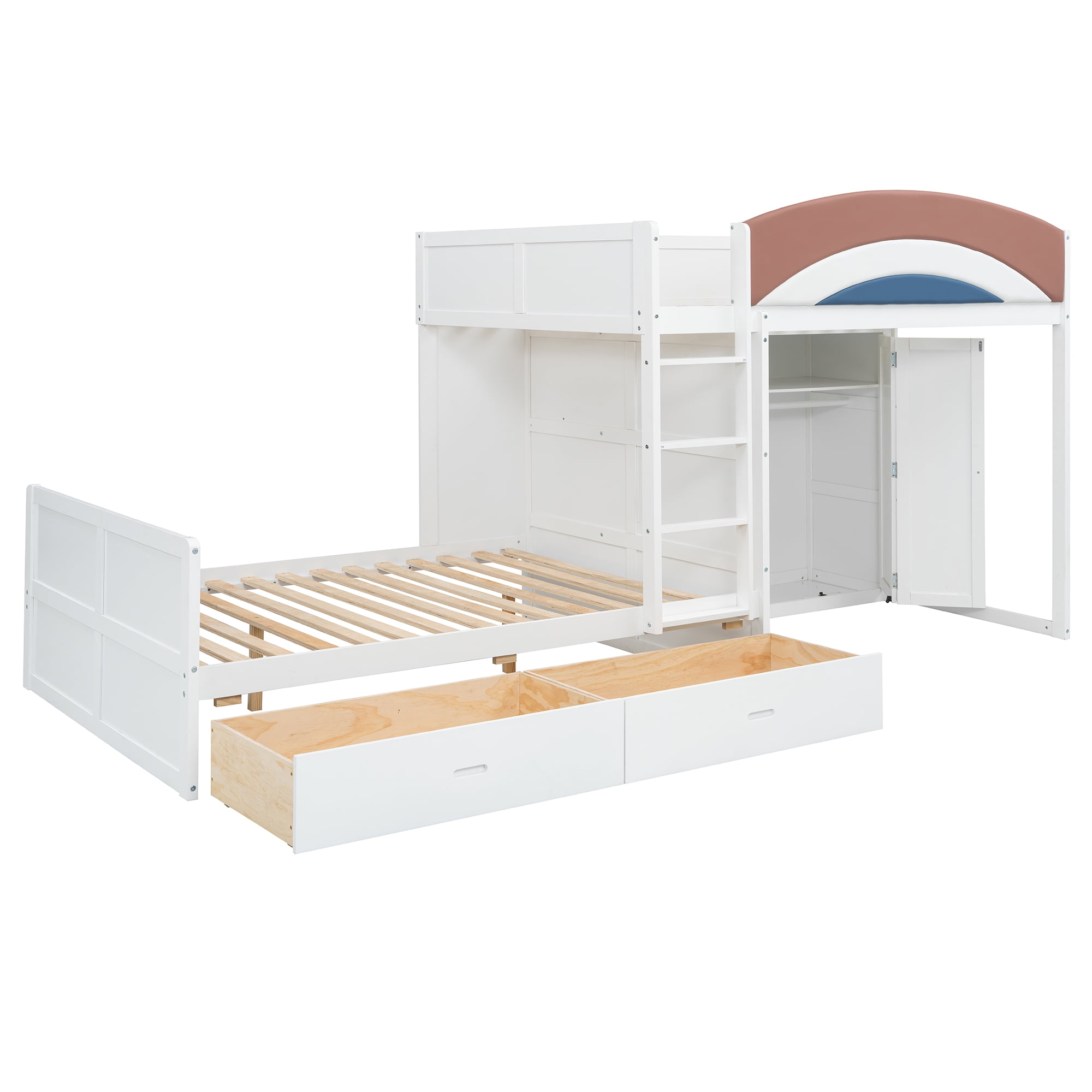 Mintazer Full Over Full Bunk Bed with Wardrobe & 2 Drawers, Modern Platform Bed with Rainbow Guardrail for Kids Bedroom, White