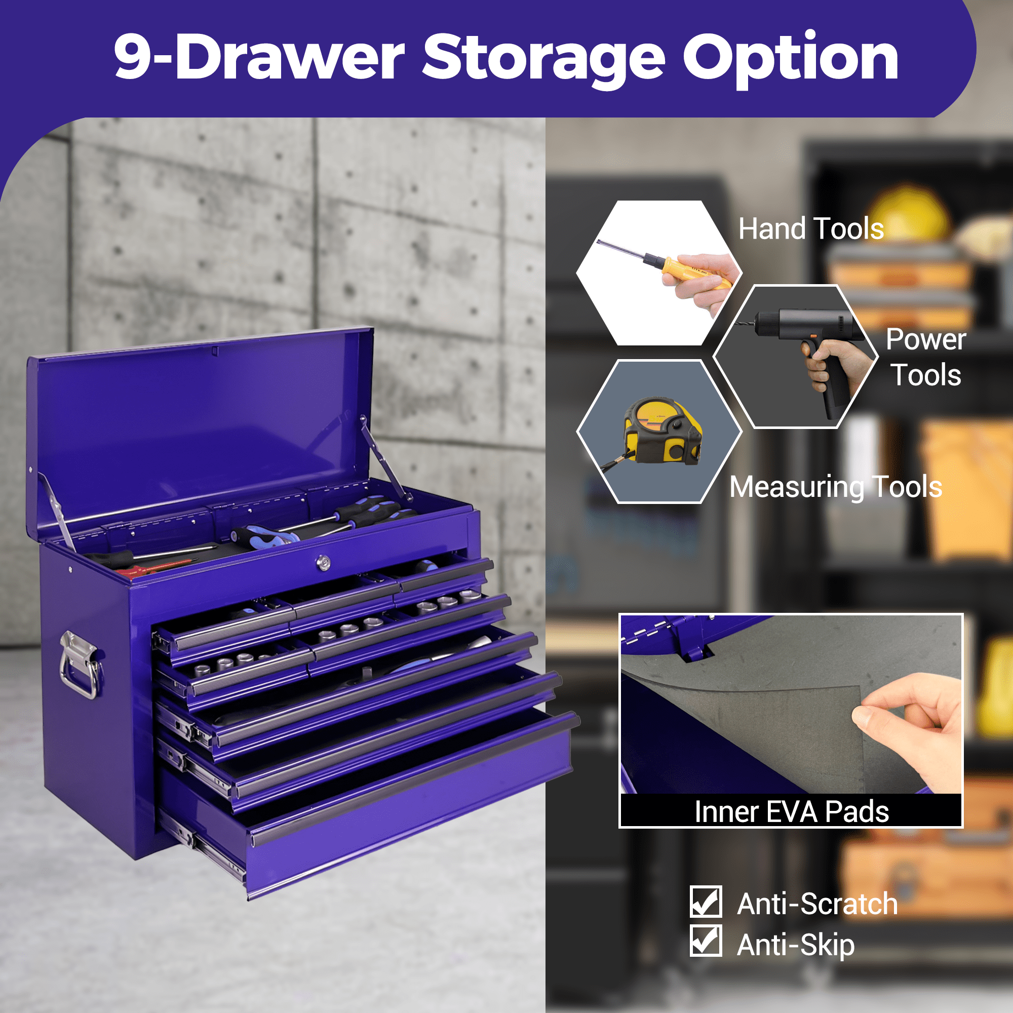 Heavy Duty Metal Tool Box,24 Inch Portable Tool Chest with 9 Drawers, Ball Bearing Slide Drawers with Auto-Locking System, Lockable Top Box Tool Organizer for Garage, Workshop, Truck,Purple