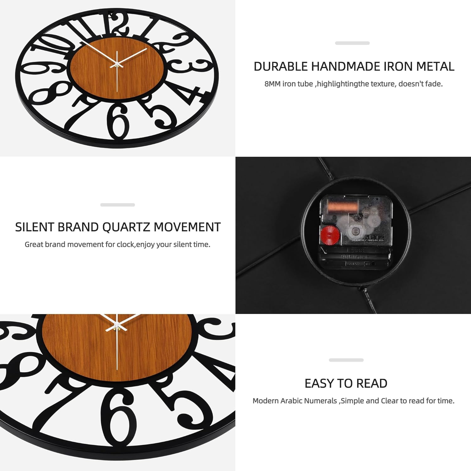 OMA Large Round Wall Clock for Living Room Decor Battery Operated Non Ticking Black Metal Wood Clocks for Home Living Room Garden Office Kitchen Decoration -24 inch