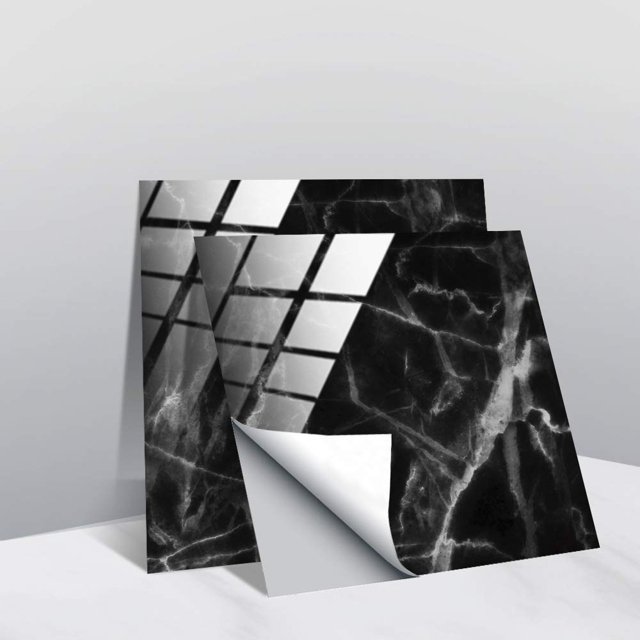 10 pegatinas para azulejos de pared de cocina y baño, estilo mosaico de mármol cuadrado, impermeables, autoadhesivas, para decoración del hogar (negro, 1,15 x 15 cm)