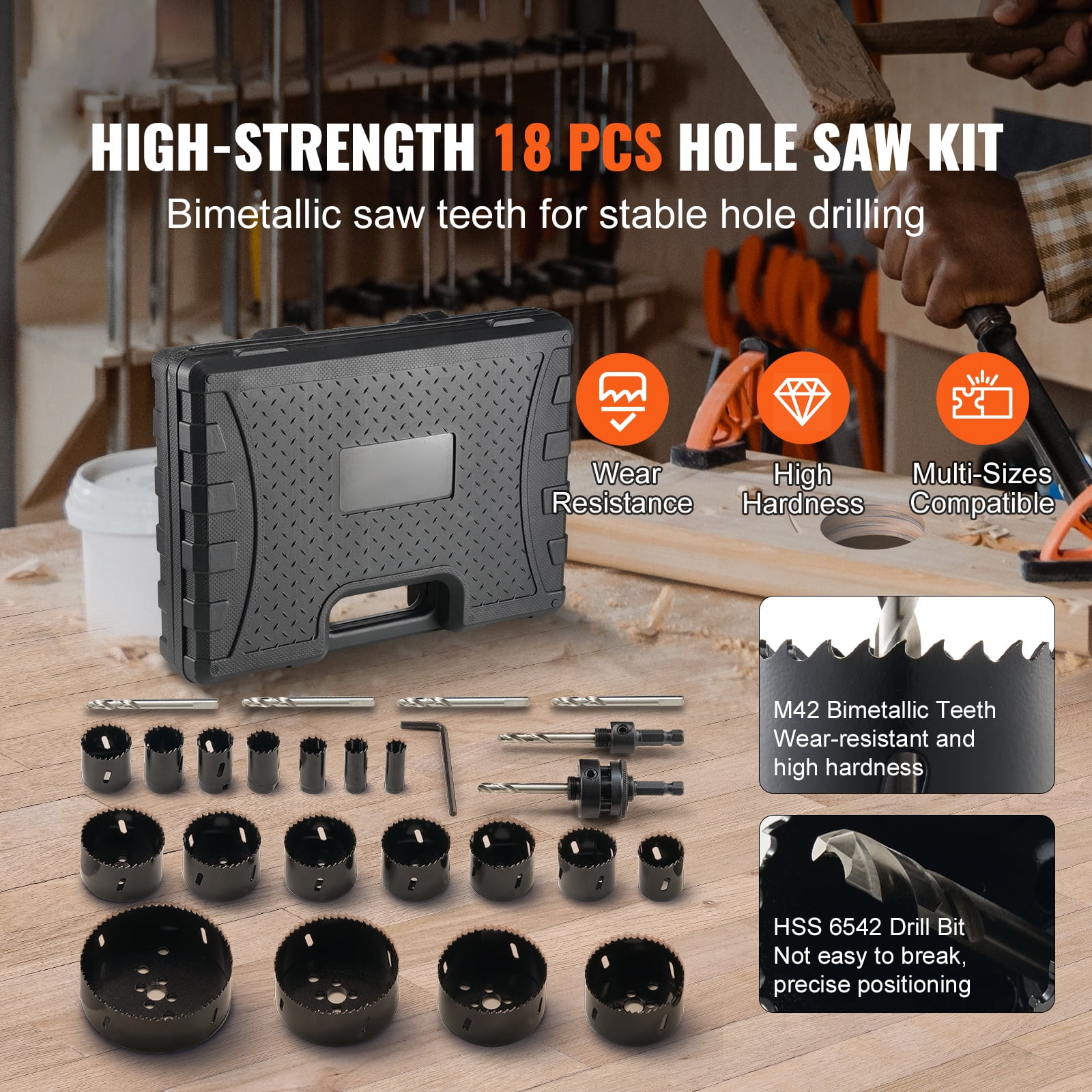 VEVOR Bi-Metal Hole Saw Kit, 18PCS Hole Saw Set with 3/4" to 4-1/2", 6 Drill Bits, M42 Hole Saw Set with High Strength Hard Alloy Steel, Mandrels, Hex Key, Drill Bits for Metal, PVC Board, Wood