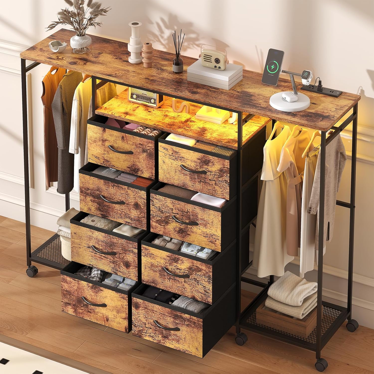 Winkalon Dresser with Clothes Rack 8 Drawer Dresser with Clothing Rack for Hanging Clothes Brown Dresser with Fabric Drawers & Charging Station