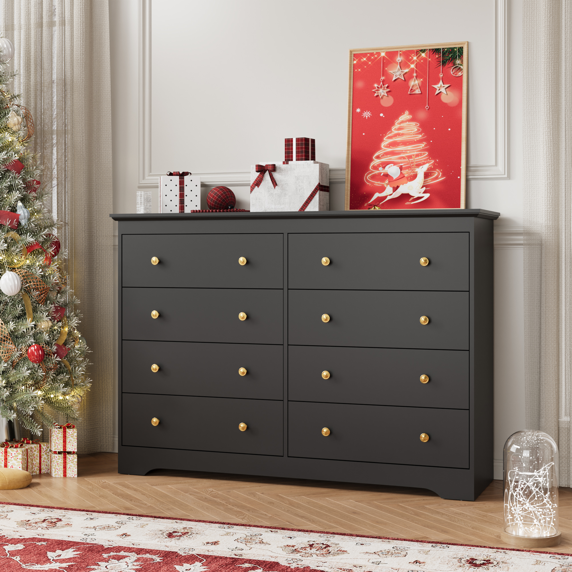 YouTrend 55.1" Wide Dresser for Bedroom, 8 Drawer Dresser with Large Drawers, Dresser for TVs Up to 65",Black