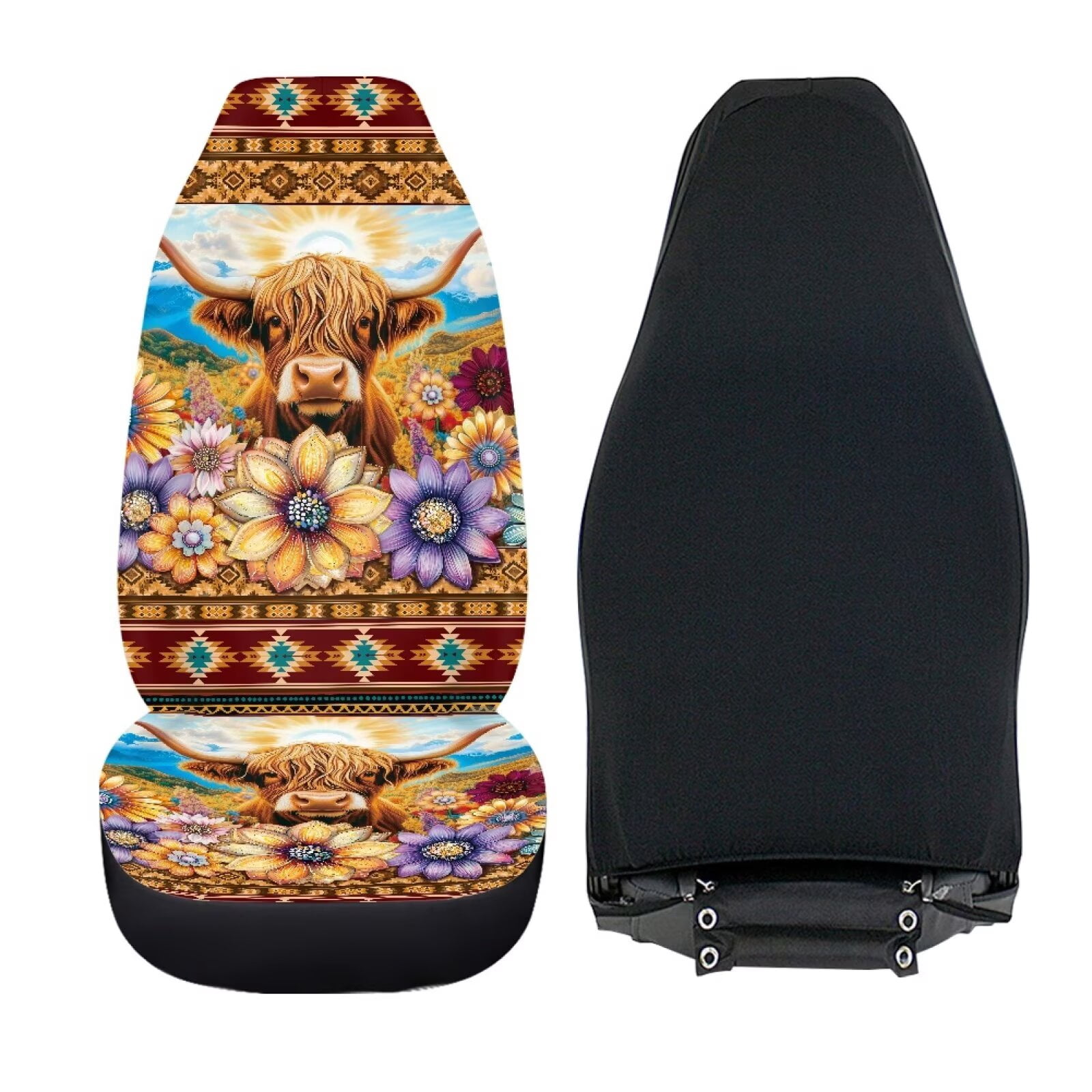 Binienty Highland Cow Car Seat Covers Set of 2 Aztec Floral Vehicle Front Seat Cushions Automobile Seats Protector Pad Mat Auto Interior Accessories for Women Girly Highland Cow Lovers