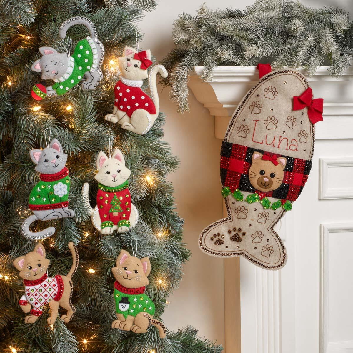 Bucilla Cats in Ugly Sweaters 6 Count Felt Applique Ornament Kit, 4.5 x 5.5 in