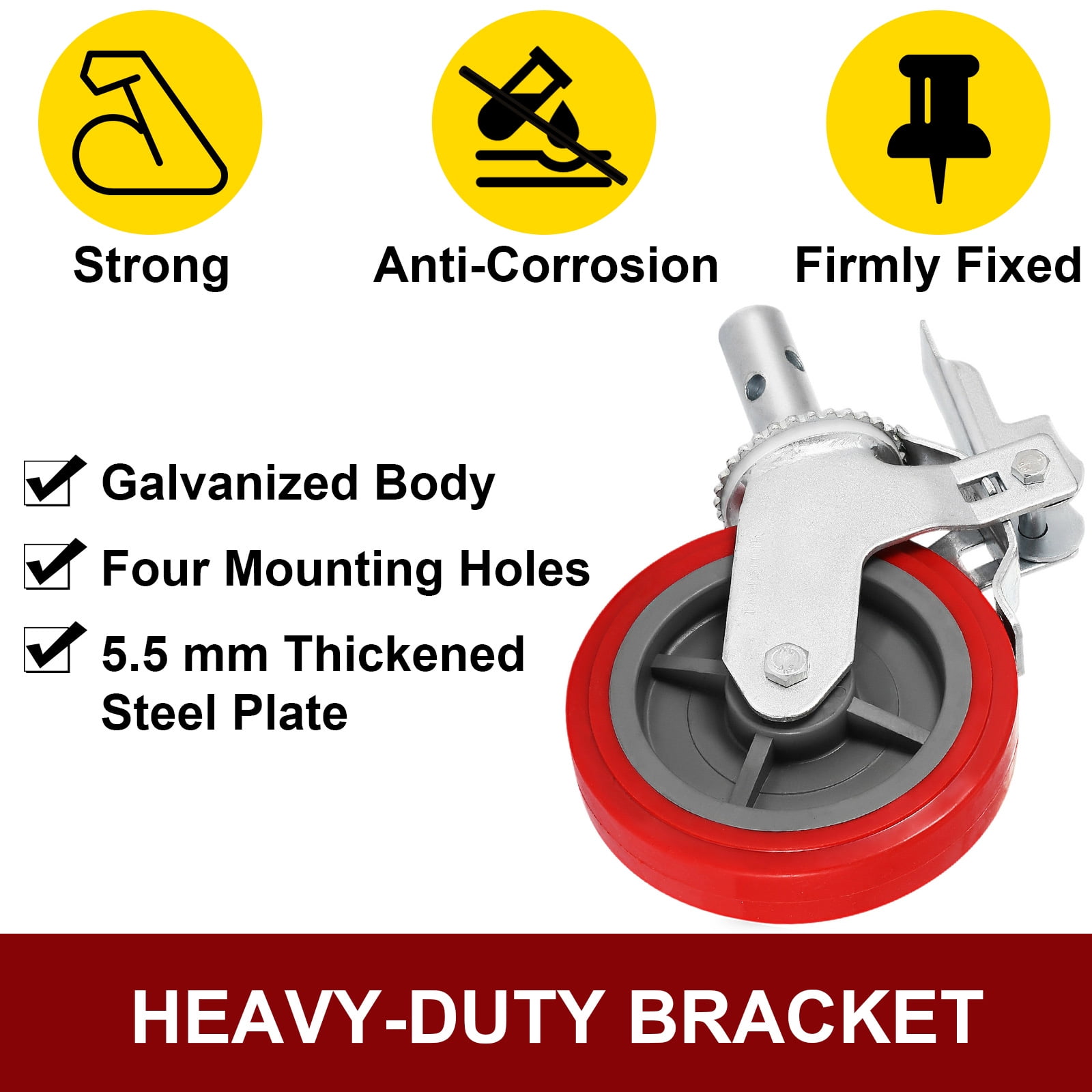KFFKFF Set of 4 Heavy-Duty 8" Scaffolding Casters, 3200 Lbs Capacity - Locking Stem Wheels with Brake, Red Polyurethane - Ideal for Scaffold, Shelves, and Workbench
