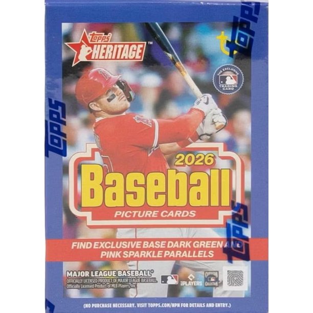 2026 Topps Heritage Baseball Series 64 Card Value Box Featuring Blaster Exclusive Dark Green and Pink Sparkle Parallel Cards Plus a Chance for Relics and Autographs