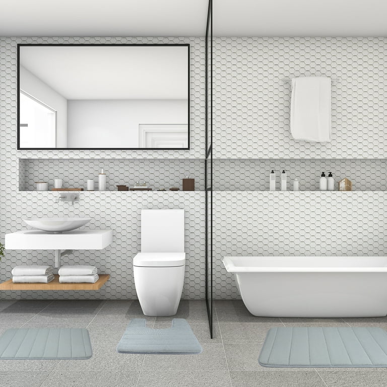 Youloveit Bathroom Rugs Sets 3 Piece Bath Mats, U-Shaped Contour Mat, Anti-Slip Mat Set Bathroom Mats and Rugs Sets, for Bathroom Floor, Blue