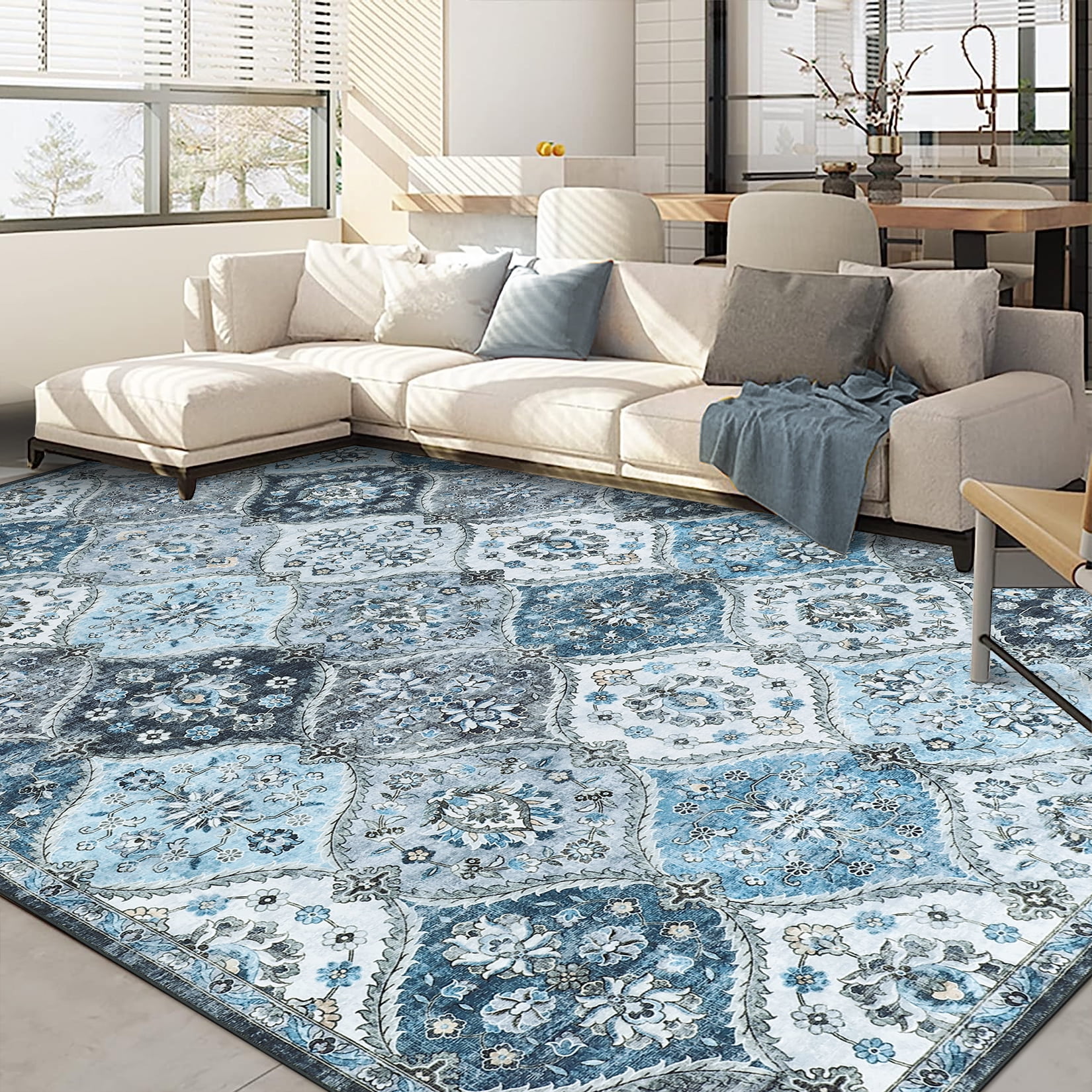 HOMERRY Area Rugs 8' x 10' Area Rug for Living Room Moroccan Trellis Floral Washable Bedroom Non-Slip Carpet for Home Decor, Blue