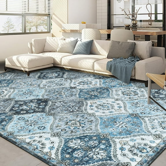 HOMERRY 9' x 12' Area Rug for Living Room Washable Bedroom Moroccan Trellis Floral Carpet for Floor Decoration, Blue