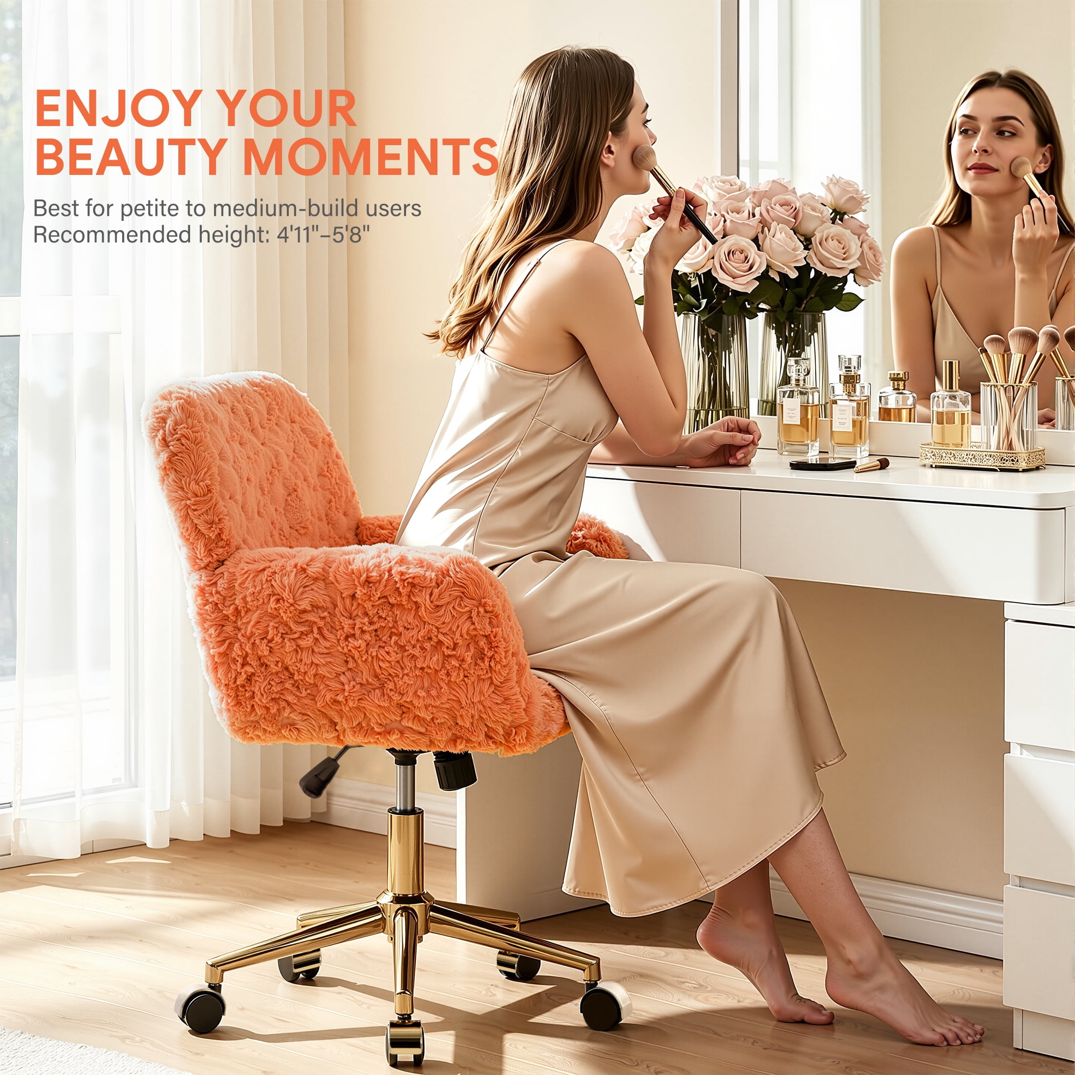 PAPROOS Vanity Chair with Back, Adjustable Swivel Makeup Desk Chair with Wheels and Arms, Fluffy Home Office Task Chair with Artificial Rabbit Hair for Bedroom, Dorm, Study Room, Orange