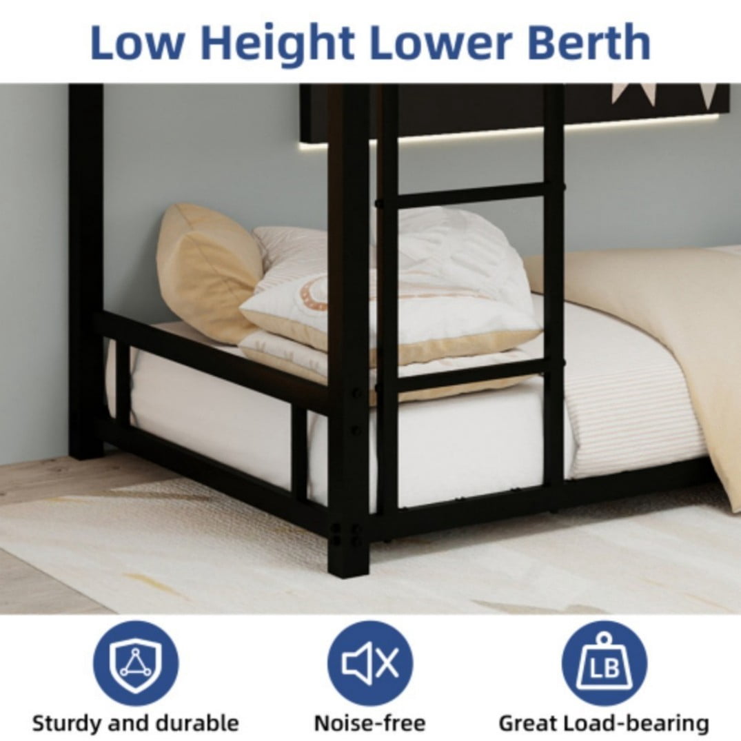Twin Over Twin Metal Bunk Bed, Heavy-Duty Frame with 13" Guardrails, 3-Step Ladder, Noise-Reduced Slats, No Box Spring, Black