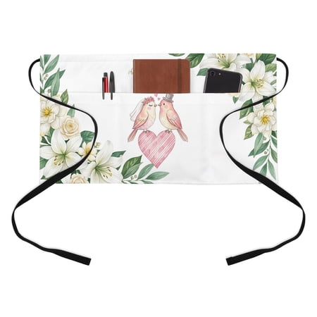 Love Birds Kitchen Restaurant Half Waist Apron, Mr Mrs Wedding Love Cute Flowers Server Short Apron with 3 Pockets Waterproof Oil Waist Aprons for Women Waitress Waiter