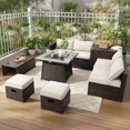 thumbnail image 3 of Resenkos 9-Piece Outdoor PE Wicker Patio Furniture Set with 50,000 BTU Propane Fire Pit Table, Tempered Glass Coffee Table & Storage Ottoman – Off-White Cushions, 3 of 6