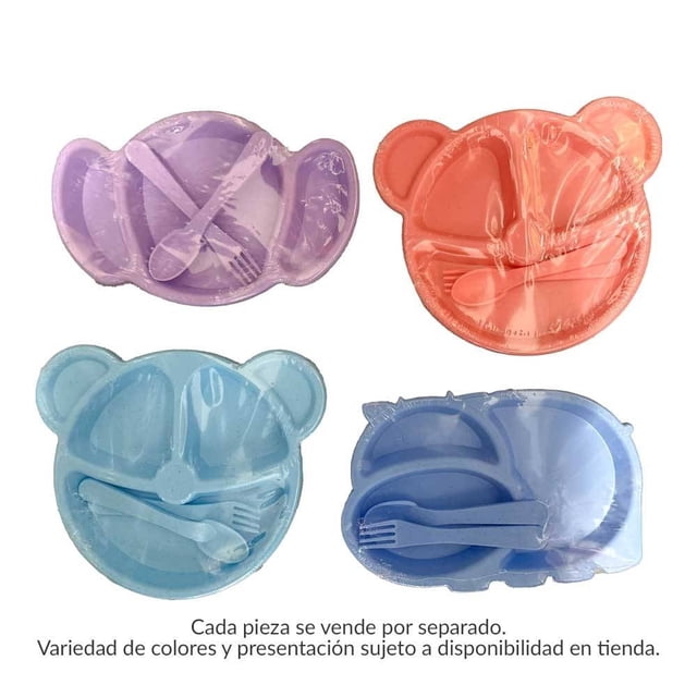 plato prichos con divisiones varios modelos 3 piezas, plato infantil con divisiones internas y cubiertos incluidos (cuchara y tenedor) en diseño con orejas de oso, vista cenital mostrando modelos morado, anaranjado, azul y lila; pensado para alimentación organizada de bebés.