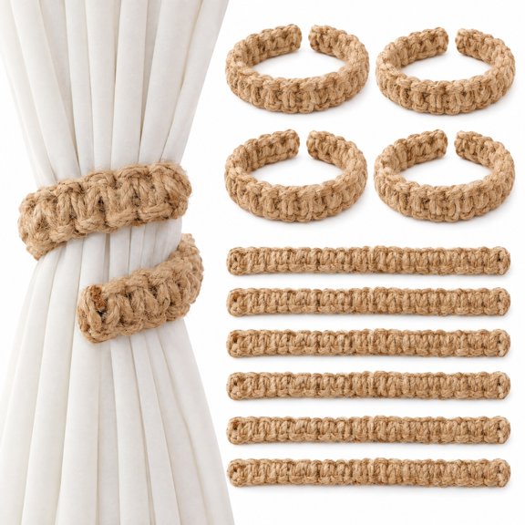 10 Pack Jute Curtain Tiebacks, 9.8 x 0.78 Inch Woven Cotton Linen Curtain Clips,Bendable and Adjustable Rope Curtain Holdbacks for Living Room Window Drapes Decor