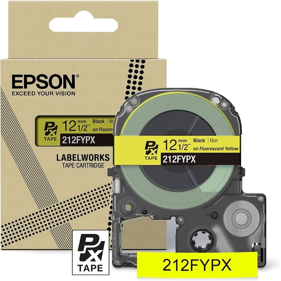 Epson LABELWORKS 212FYPX - Black on Fluorescent Yellow PET Label Maker Tape - 1/2" (12MM) Wide, 16'